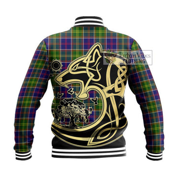 Dalrymple Tartan Baseball Jacket with Family Crest Celtic Wolf Style - Tartan Vibes Clothing