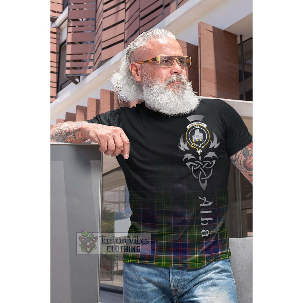 Tartan Vibes Clothing Dalrymple Tartan Cotton T-shirt Featuring Alba Gu Brath Family Crest Celtic Inspired