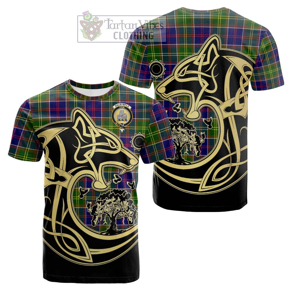Tartan Vibes Clothing Dalrymple Tartan Cotton T-shirt with Family Crest Celtic Wolf Style