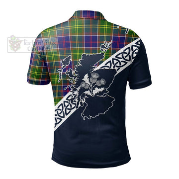 Dalrymple Tartan Polo Shirt Featuring Thistle and Scotland Map - Tartanvibesclothing Store