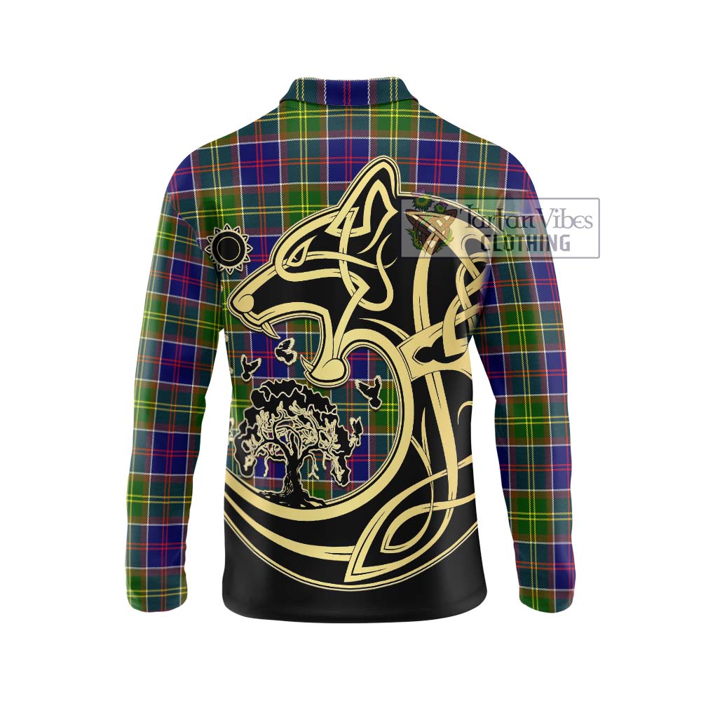 Dalrymple Tartan Long Sleeve Polo Shirt with Family Crest Celtic Wolf Style - Tartan Vibes Clothing