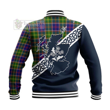 Dalrymple Tartan Baseball Jacket Featuring Thistle and Scotland Map - Tartan Vibes Clothing