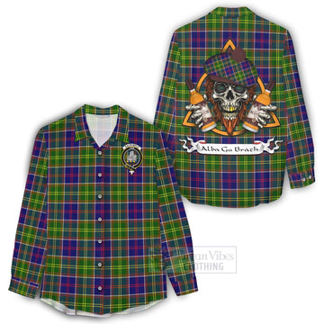 Dalrymple Tartan Women's Casual Shirt with Family Crest and Bearded Skull Holding Bottles of Whiskey - Tartan Vibes Clothing