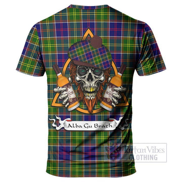 Dalrymple Tartan T-Shirt with Family Crest and Bearded Skull Holding Bottles of Whiskey - Tartan Vibes Clothing