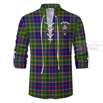Dalrymple Tartan Ghillie Kilt Shirt with Family Crest and Bearded Skull Holding Bottles of Whiskey - Tartan Vibes Clothing