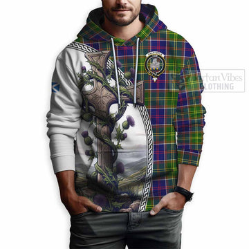 Dalrymple Tartan Hoodie with Family Crest and St. Andrew's Cross Accented by Thistle Vines - Tartan Vibes Clothing