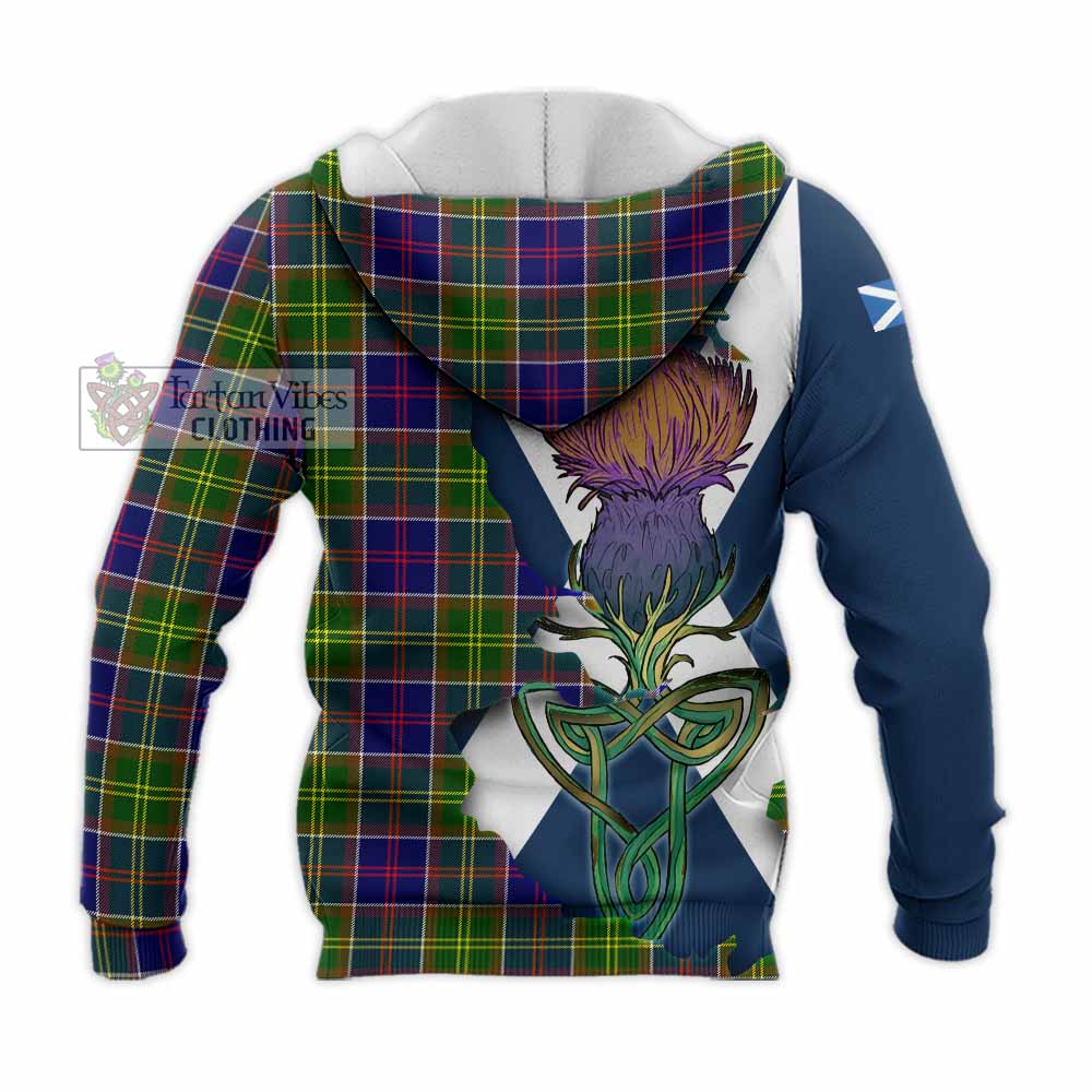 Tartan Vibes Clothing Dalrymple Tartan Family Crest Knitted Hoodie Scottish Thistle Celtic Inspired
