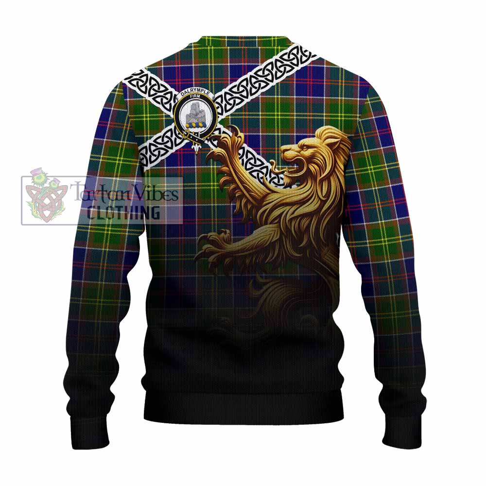 Tartan Vibes Clothing Dalrymple Crest Tartan Knitted Sweater with Golden Lion Emblem Celtic Style