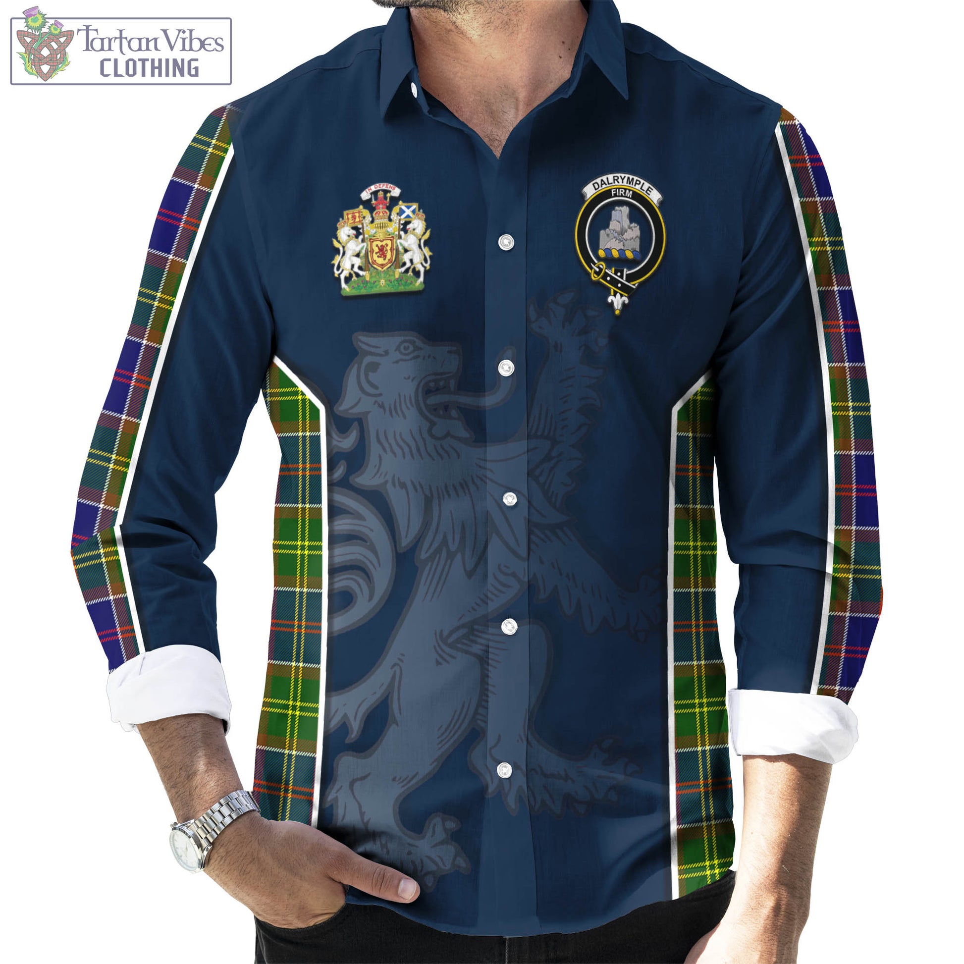 Tartan Vibes Clothing Dalrymple Tartan Long Sleeve Button Up Shirt with Family Crest and Lion Rampant Vibes Sport Style