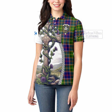 Dalrymple Tartan Women's Polo Shirt with Family Crest and St. Andrew's Cross Accented by Thistle Vines - Tartan Vibes Clothing