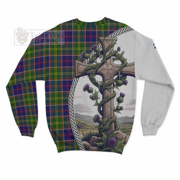 Dalrymple Tartan Sweatshirt with Family Crest and St. Andrew's Cross Accented by Thistle Vines - Tartan Vibes Clothing