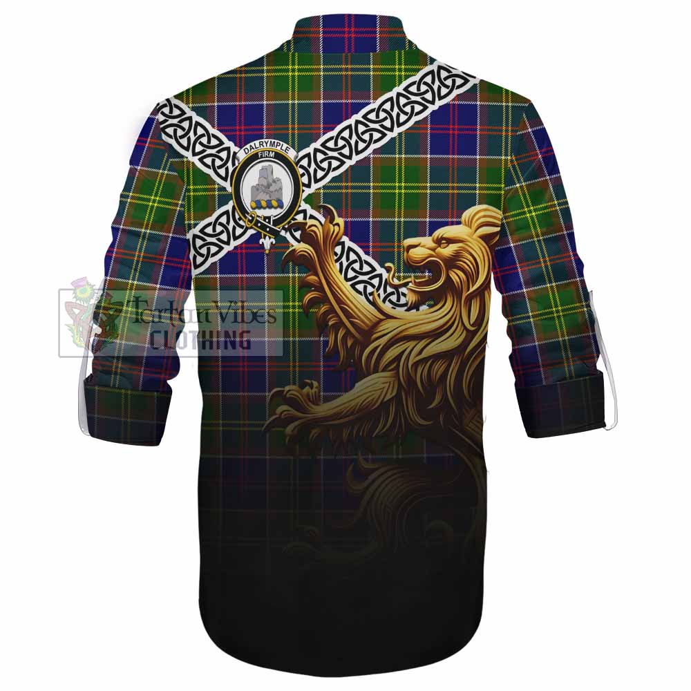 Tartan Vibes Clothing Dalrymple Crest Tartan Ghillie Kilt Shirt with Golden Lion Emblem Celtic Style