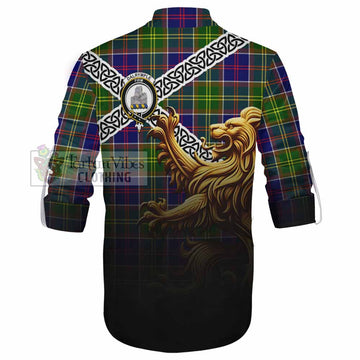 Dalrymple Crest Tartan Ghillie Kilt Shirt with Golden Lion Emblem Celtic Style