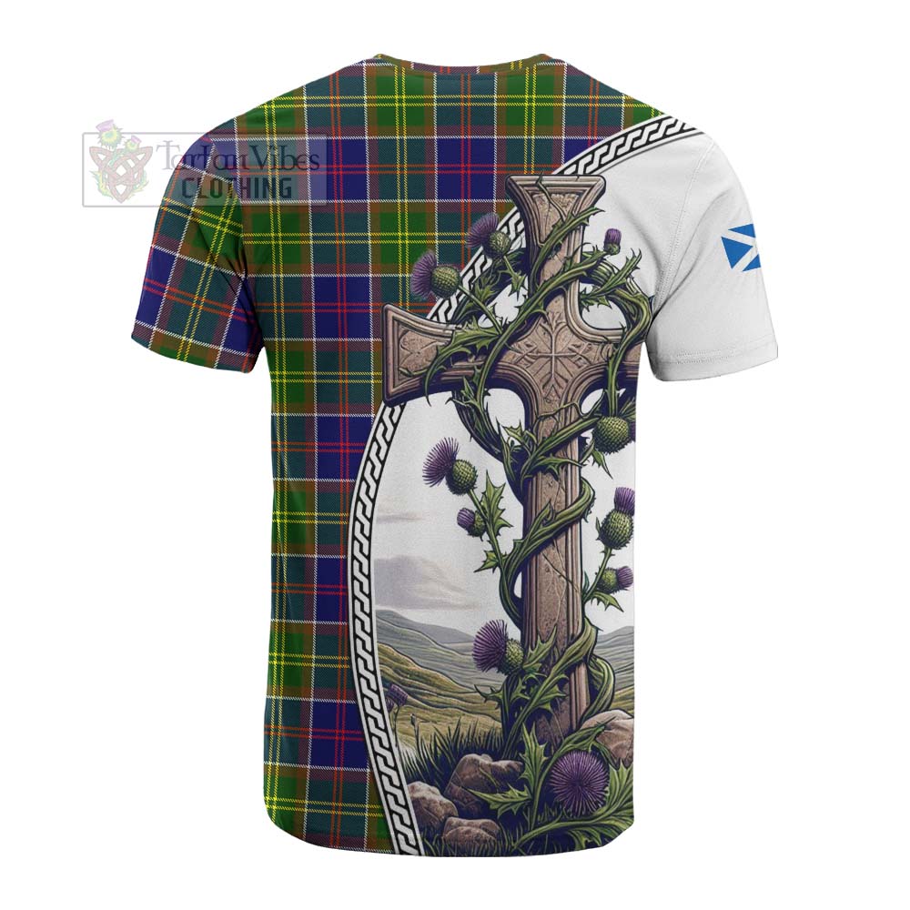 Tartan Vibes Clothing Dalrymple Tartan Cotton T-shirt with Family Crest and St. Andrew's Cross Accented by Thistle Vines