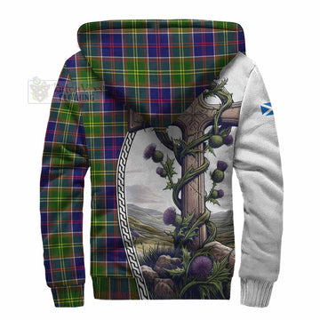 Dalrymple Tartan Sherpa Hoodie with Family Crest and St. Andrew's Cross Accented by Thistle Vines - Tartan Vibes Clothing