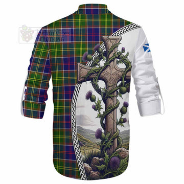 Dalrymple Tartan Ghillie Kilt Shirt with Family Crest and St. Andrew's Cross Accented by Thistle Vines - Tartan Vibes Clothing