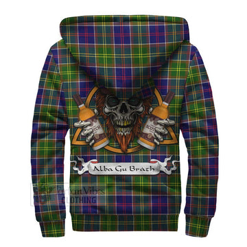 Dalrymple Tartan Sherpa Hoodie with Family Crest and Bearded Skull Holding Bottles of Whiskey - Tartan Vibes Clothing