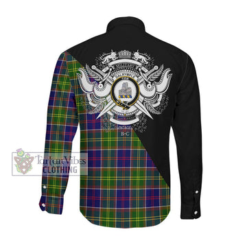 Dalrymple Tartan Long Sleeve Button Shirt with Family Crest and Military Logo Style Men's Shirt - Tartanvibesclothing Shop