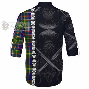 Dalrymple Tartan Ghillie Kilt Shirt with Family Crest Cross Sword Thistle Celtic Vibes - Tartan Vibes Clothing