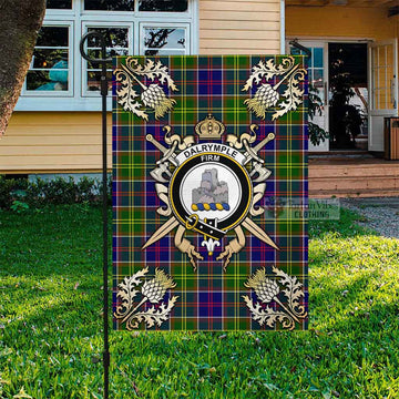 Tartan Vibes Clothing Dalrymple Tartan Flag with Family Crest and Golden Thistle Crossed Sword Design