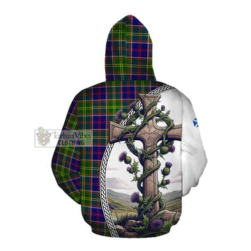 Dalrymple Tartan Cotton Hoodie with Family Crest and St. Andrew's Cross Accented by Thistle Vines Pullover Hoodie - Tartan Vibes Clothing