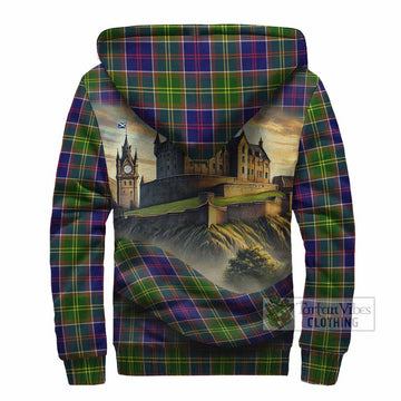Dalrymple Tartan Family Crest Sherpa Hoodie with Scottish Ancient Castle Style - Tartan Vibes Clothing