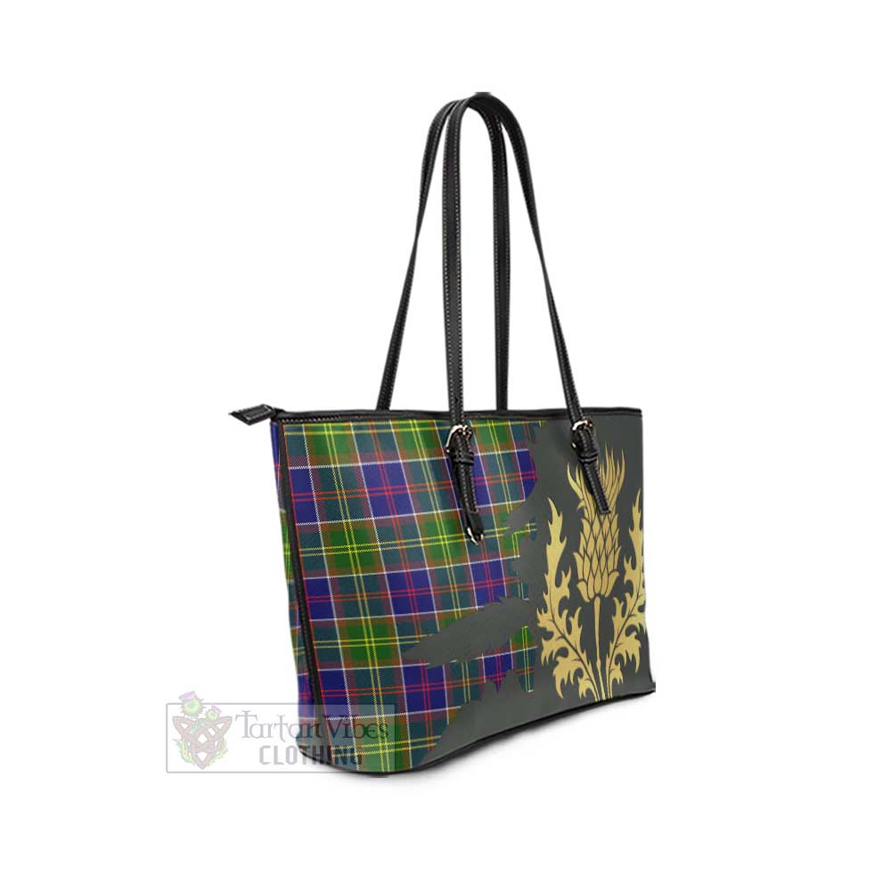 Dalrymple Tartan Leather Tote Bag Gold Thistle Style - Tartan Vibes Clothing