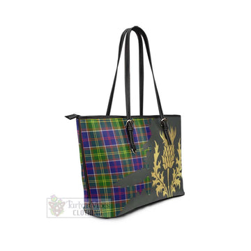 Dalrymple Tartan Leather Tote Bag Gold Thistle Style - Tartan Vibes Clothing