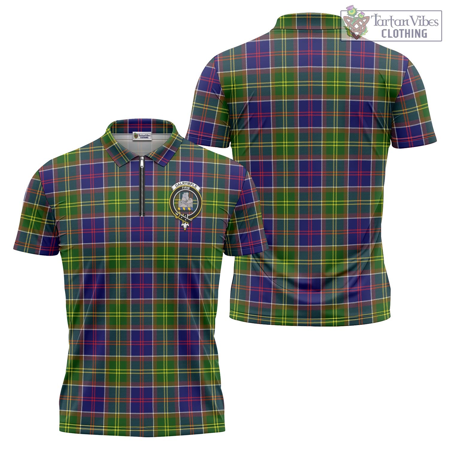 Dalrymple Tartan Zipper Polo Shirt with Family Crest - Tartan Vibes Clothing