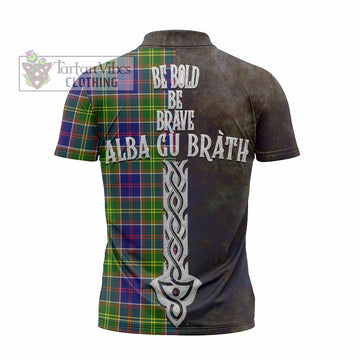 Dalrymple Tartan Family Crest Zipper Polo Shirt Alba Gu Brath Be Brave Lion Ancient Style - Tartan Vibes Clothing