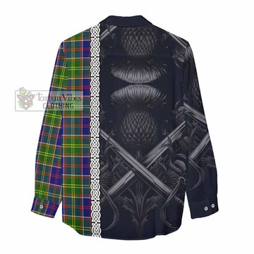 Dalrymple Tartan Women's Casual Shirt with Family Crest Cross Sword Thistle Celtic Vibes
