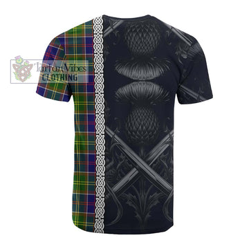 Dalrymple Tartan Cotton T-shirt with Family Crest Cross Sword Thistle Celtic Vibes