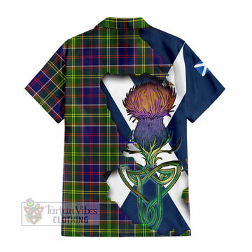 Tartan Vibes Clothing Dalrymple Tartan Family Crest Short Sleeve Button Shirt Scottish Thistle Celtic Inspired