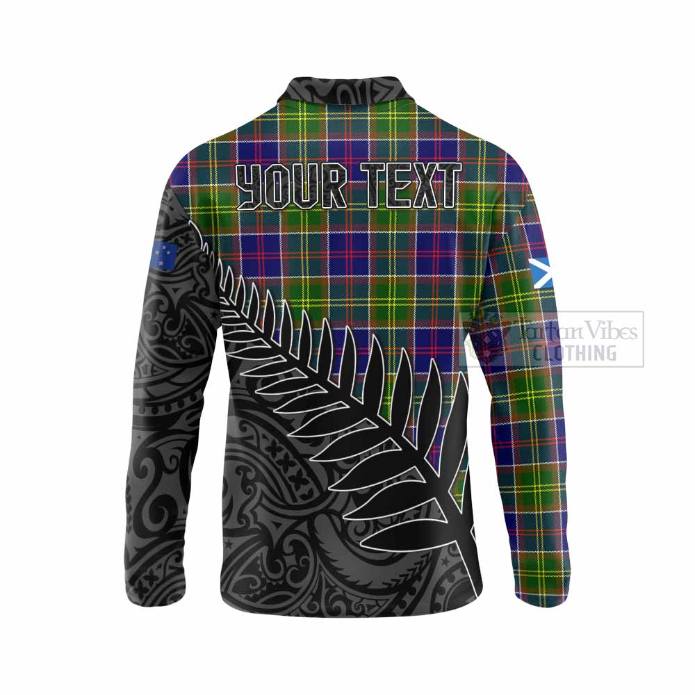Tartan Vibes Clothing Dalrymple Crest Tartan Long Sleeve Polo Shirt with New Zealand Silver Fern Half Style