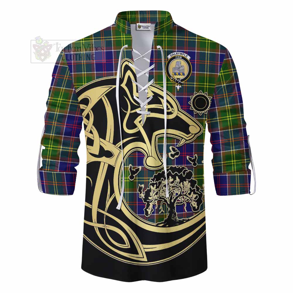 Dalrymple Tartan Ghillie Kilt Shirt with Family Crest Celtic Wolf Style - Tartan Vibes Clothing