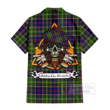 Dalrymple Tartan Hawaiian Shirt with Family Crest and Bearded Skull Holding Bottles of Whiskey - Tartan Vibes Clothing