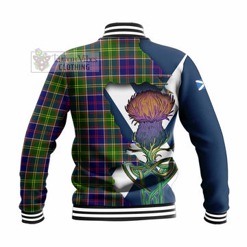 Tartan Vibes Clothing Dalrymple Tartan Family Crest Baseball Jacket Scottish Thistle Celtic Inspired