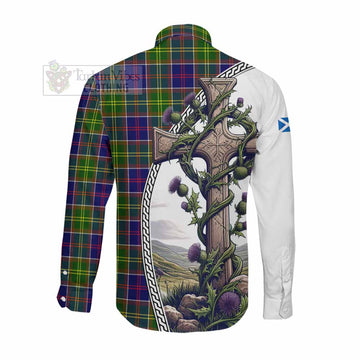 Dalrymple Tartan Long Sleeve Button Shirt with Family Crest and St. Andrew's Cross Accented by Thistle Vines Men's Shirt - Tartan Vibes Clothing