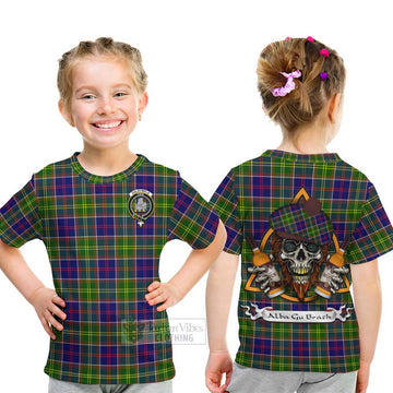 Dalrymple Tartan Kid T-Shirt with Family Crest and Bearded Skull Holding Bottles of Whiskey - Tartan Vibes Clothing