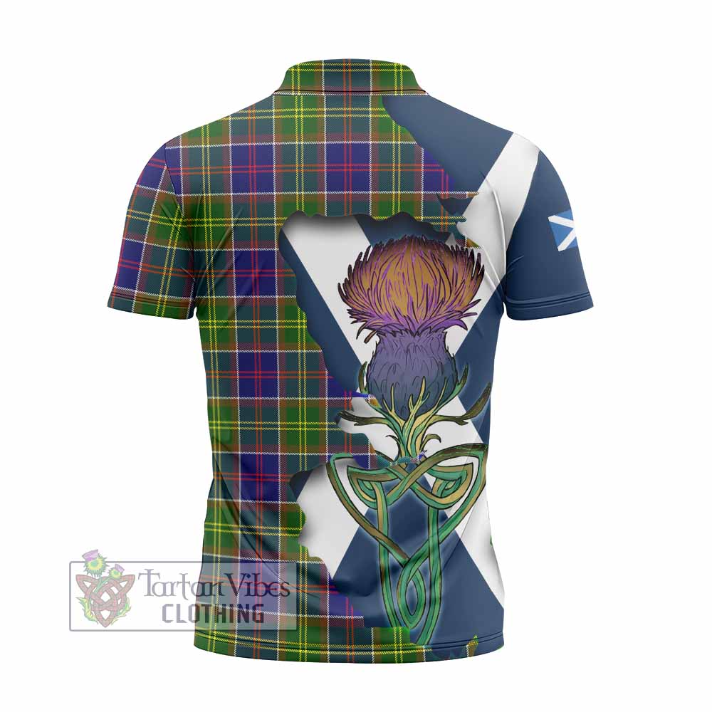 Tartan Vibes Clothing Dalrymple Tartan Family Crest Zipper Polo Shirt Scottish Thistle Celtic Inspired