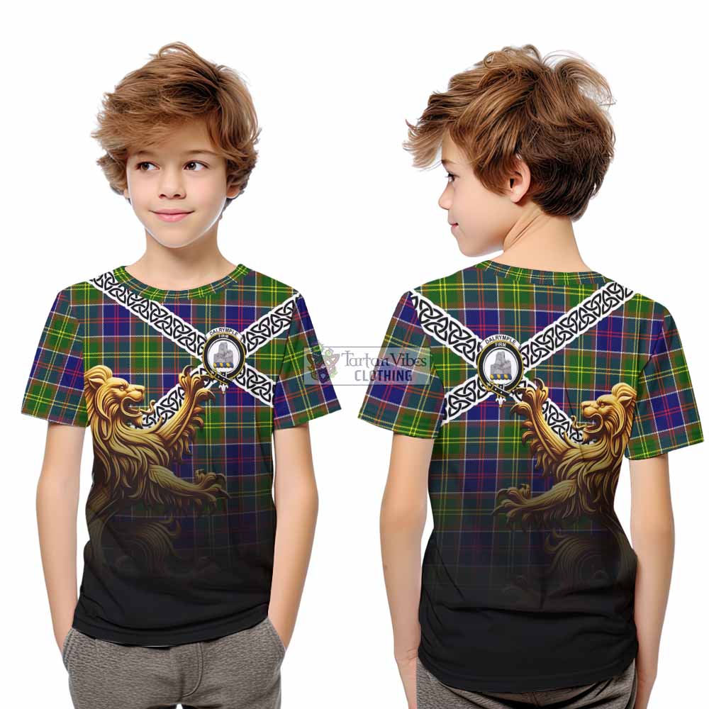 Tartan Vibes Clothing Dalrymple Crest Tartan Kid T-Shirt with Golden Lion Emblem Celtic Style