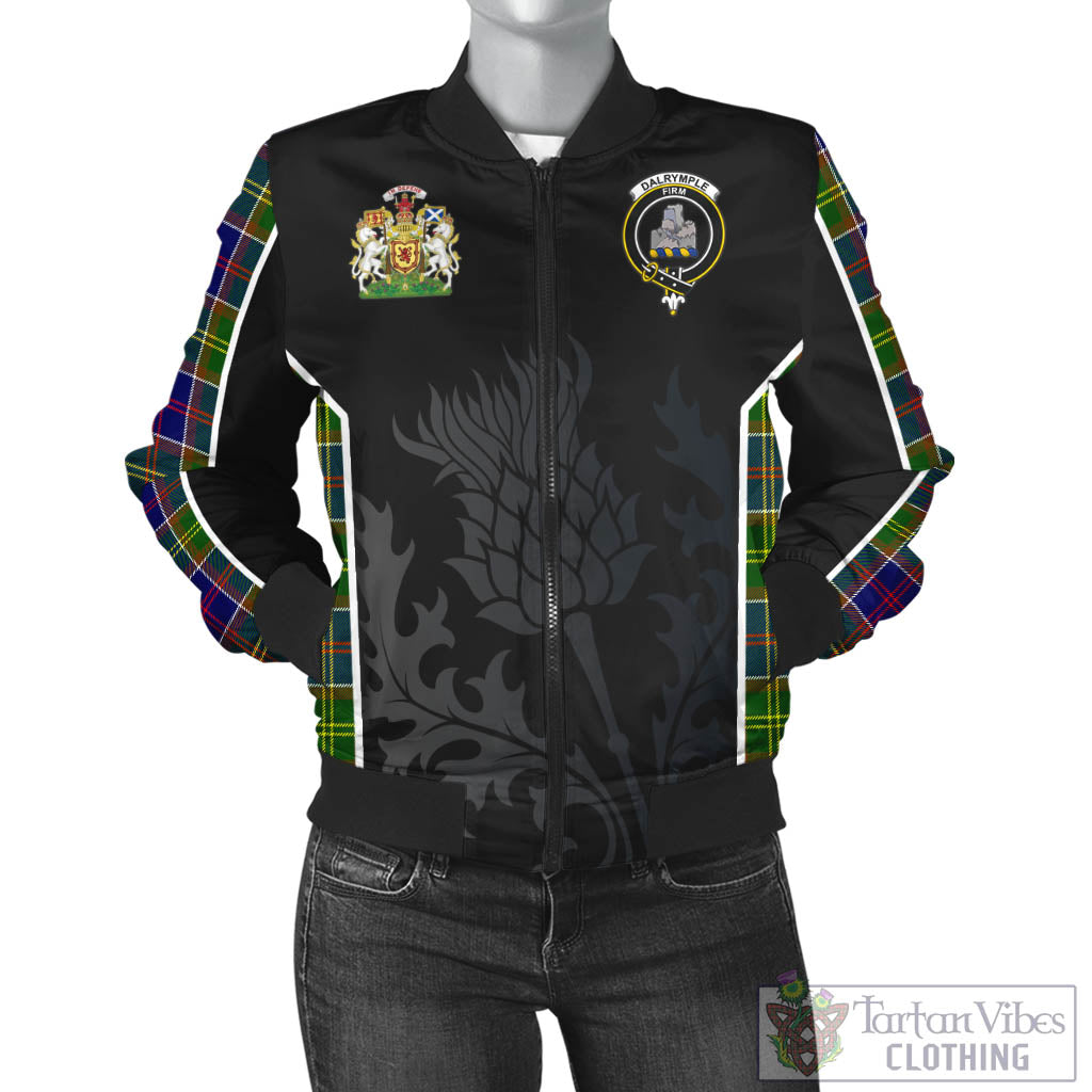 Tartan Vibes Clothing Dalrymple Tartan Bomber Jacket with Family Crest and Scottish Thistle Vibes Sport Style