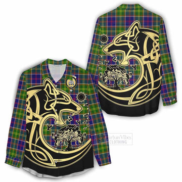 Dalrymple Tartan Women's Casual Shirt with Family Crest Celtic Wolf Style - Tartan Vibes Clothing