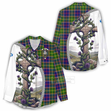 Dalrymple Tartan Women's Casual Shirt with Family Crest and St. Andrew's Cross Accented by Thistle Vines - Tartan Vibes Clothing