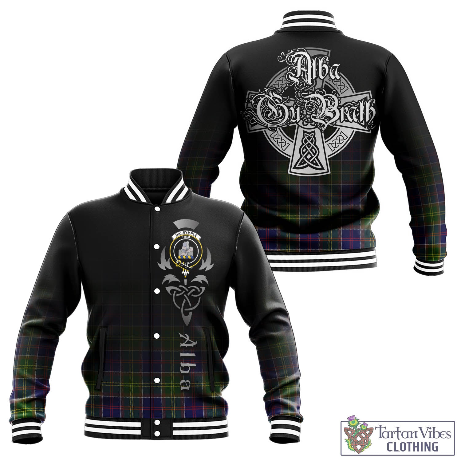 Dalrymple Tartan Baseball Jacket Featuring Alba Gu Brath Family Crest Celtic Inspired - Tartan Vibes Clothing
