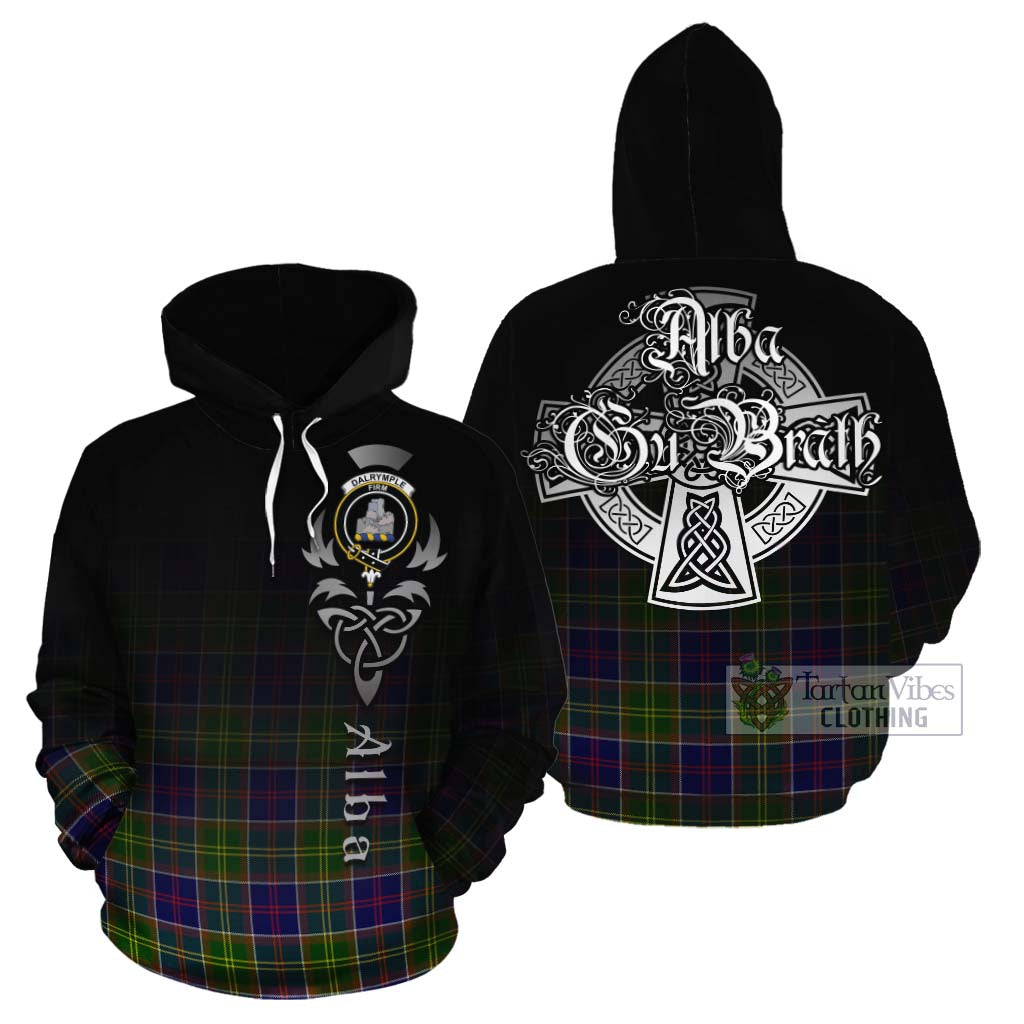 Tartan Vibes Clothing Dalrymple Tartan Cotton Hoodie Featuring Alba Gu Brath Family Crest Celtic Inspired