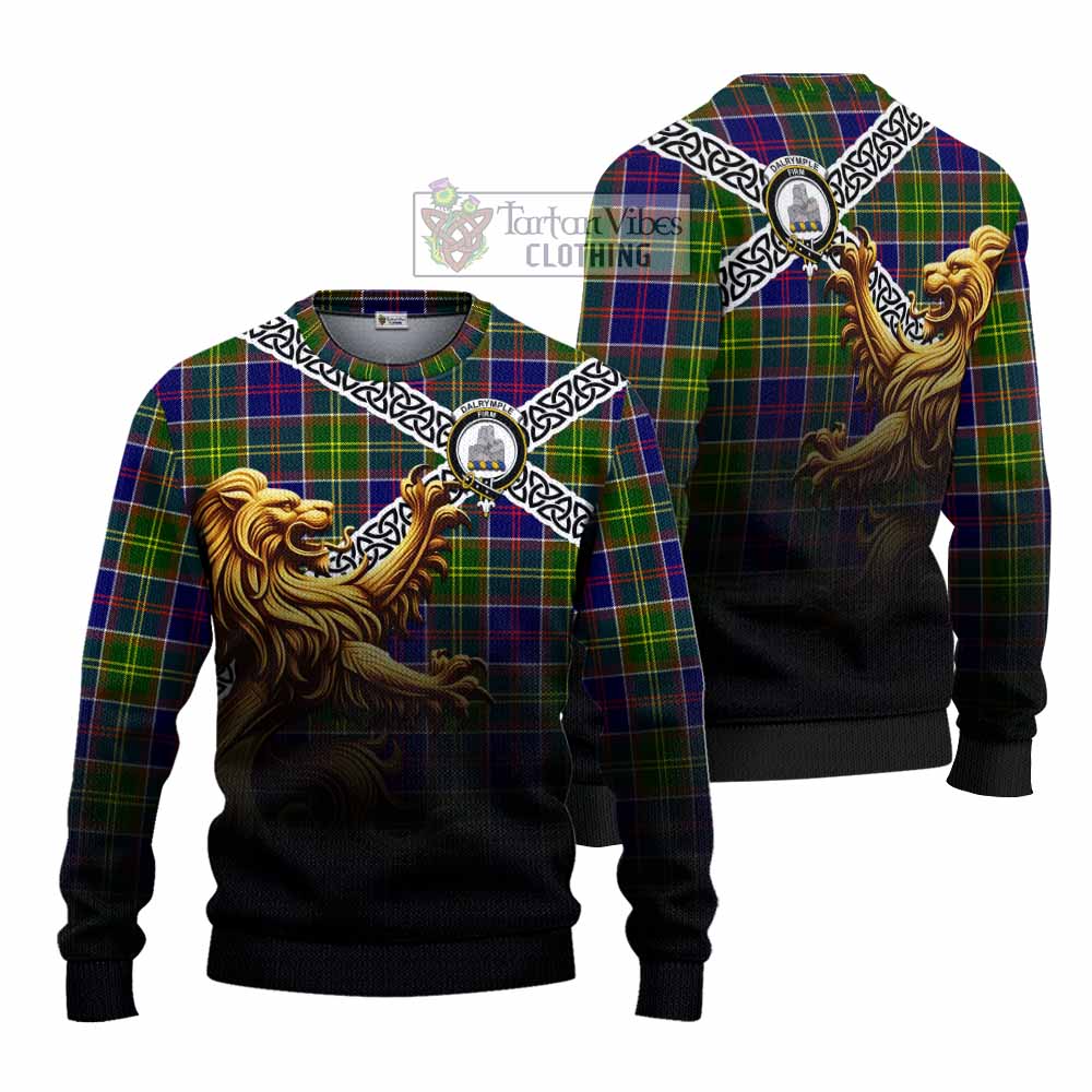 Tartan Vibes Clothing Dalrymple Crest Tartan Knitted Sweater with Golden Lion Emblem Celtic Style