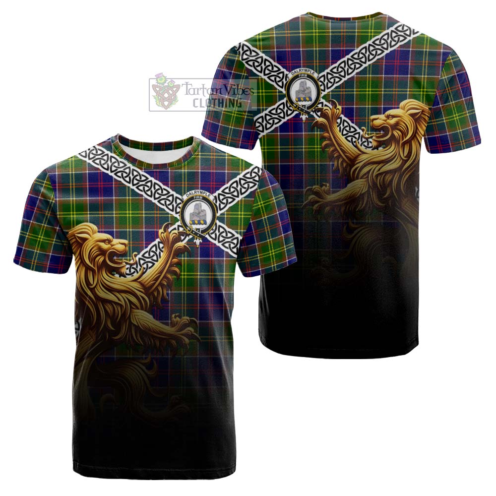 Tartan Vibes Clothing Dalrymple Crest Tartan Cotton T-shirt with Golden Lion Emblem Celtic Style