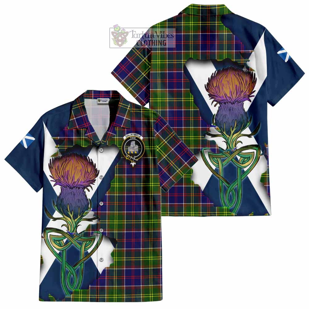 Tartan Vibes Clothing Dalrymple Tartan Family Crest Short Sleeve Button Shirt Scottish Thistle Celtic Inspired