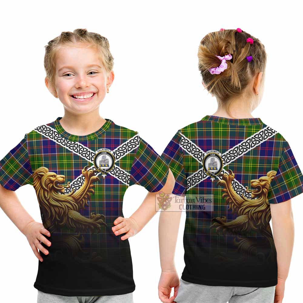 Tartan Vibes Clothing Dalrymple Crest Tartan Kid T-Shirt with Golden Lion Emblem Celtic Style